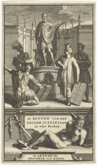 Titulní strana Práva císaře Justiniána, Leiden, 1705 PRAVIDLA CÍSAŘE JUSTINIÁNA ve čtyřech knihách (název na předmětu) od Hendrik Elandt