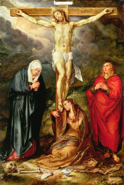 Kristus na kříži, s Marií, svatým Janem a Magdalenou, kolem 1600 (olej na mědi) od Hendrik Goltzius