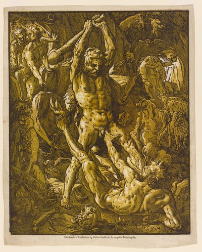 Hercules a Cacus, 1588 (šerosvitový dřevoryt na položeném papíře) od Hendrik Goltzius