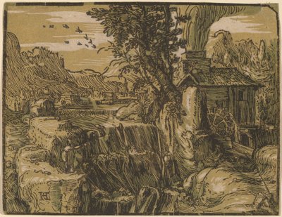 Krajina s vodopádem od Hendrik Goltzius