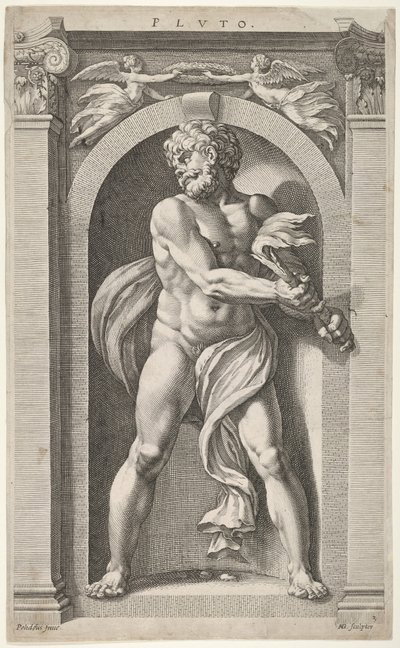 Pluto, na verso skicách postavy, čtyř hlav a sloupu, 1592. od Hendrik Goltzius