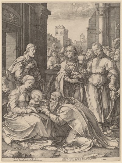 Klanění tří králů od Hendrik Goltzius in the style of Lucas van Leyden