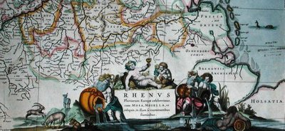 Kartuše mapy toku Rýna z knihy "Le Nouveau Theatre du Monde", Amsterdam 1639 (barevná rytina) od Hendrik I Hondius