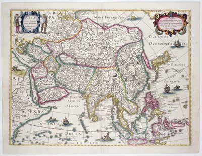 Obecná mapa zahrnující Arábii, Japonsko, Korejský poloostrov a větší část Indonéského souostroví, 1631 (barevná rytina) od Hendrik I Hondius