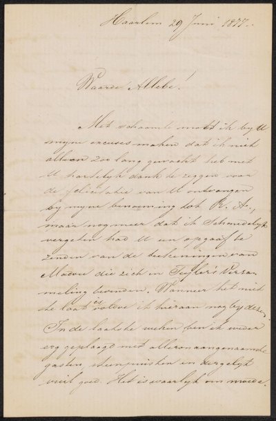 Dopis Augustu Allebému od Hendrik Jacobus Scholten
