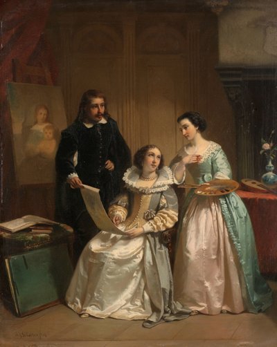 Gerard van Honthorst ukazuje kresby svého žáka Louise of Bohemia Amalii van Solmsové od Hendrik Jacobus Scholten