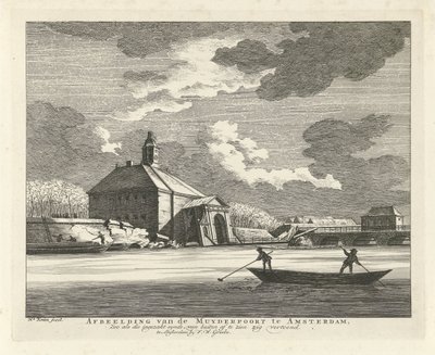 Prohnutý Muiderpoort, při pohledu ze Singelgracht, 1769 Obrázek Muyderpoortu v Amsterdamu, Zoo jako zhrouceného syndu, lze vidět zvenčí, klikatě (název na objektu) od Hendrik Keun