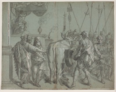 Tyran Phalarus z Agrigenta uzavírá sochaře Parilla do svého zářícího bronzového býka od Hendrik Krock