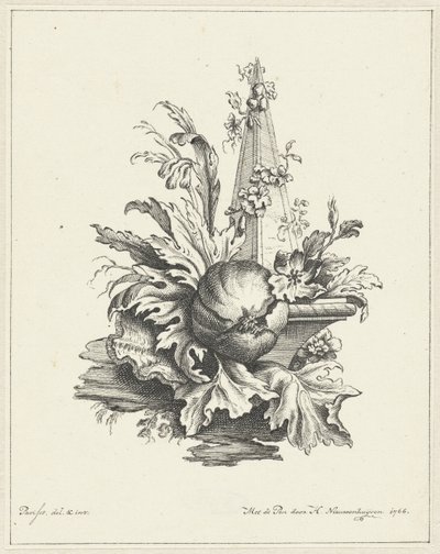 Ornament s granátovým jablkem s listy a obeliskem od Hendrik Nieuwenhuysen