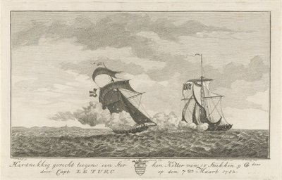 Bitva proti silnému řezači, 1782 Zuřivý boj proti silnému kotterovi 18 kusů (...) od kapitána: Le Turc dne 7. března 1782 (název na objektu) od Hendrik Roosing