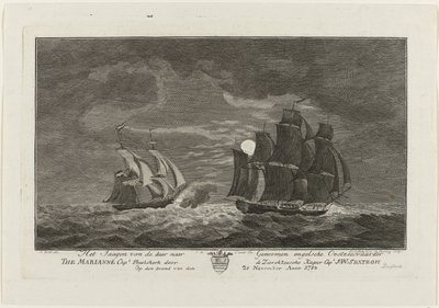 Sextroh loví na Marianne, 1782 Lov anglického baltského mořeplavce Tam do genomů Kpt. Marianne. Philskerk od Zierikzeesche Kaper Capt. J:W:Sextroh Večer 20. listopadu Anno 1782 (název na objektu) od Hendrik Roosing