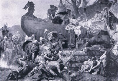 Kremace náčelníka ve východním Rusku - desáté století, ilustrace z Landmarks in European History vydané nakladatelstvím Gresham Publishing Co, kolem roku 1920 (litho) od Henryk Siemiradzki