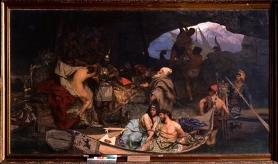 Korzáři. (Scéna, kde přinášejí zpět svou kořist a své vězně (rukojmí) v jeskyni). Obraz Henryka Siemiradzkiho (1843-1902), olej na plátně od Henryk Siemiradzki