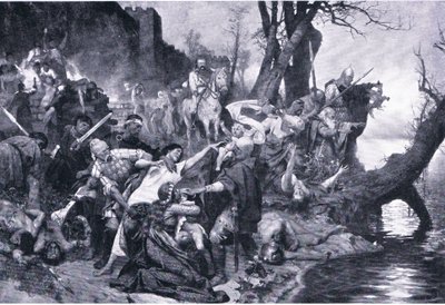Warriors of Sviatoslav at masakru pod hradbami Dexter (Durostorum), ilustrace z Landmarks in European History vydané Gresham Publishing Co, kolem 1920 (litho) od Henryk Siemiradzki
