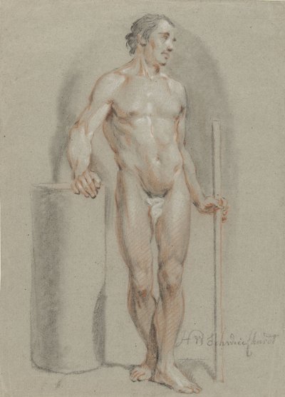 Stojící mužský akt, s holí v ruce, opírající se o studiový válec od Hendrik Willem Schweickhardt