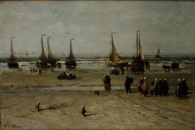Pobřežní krajina s rybářskými plavidly a rybáři od Hendrik William Mesdag