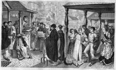 Zveřejnění úprav Karla V. v Antverpách: v roce 1550 zákon stanoví, že každý, kdo je přesvědčen o kacířství, bude bruleem nebo pohřben zaživa, nebo bez hlavy. Rytina z let 1866-1867 podle obrazu barona Henriho Leyse (1815-1869). od Hendrik or Henri Leys