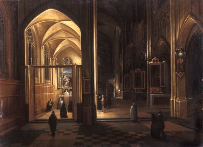 Interiér gotického kostela (olej na mědi) od Hendrik the Younger Steenwyck