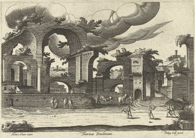 Ruiny Diocletianových lázní z boku se dvěma muži hrajícími kroket v popředí, 1585. od Hendrik van Cleve III