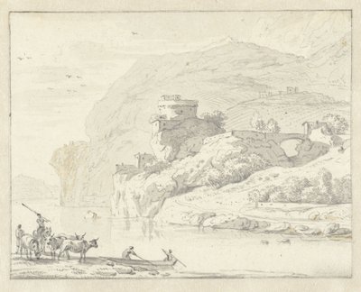Italská horská krajina s pastevci a dobytkem a dvěma postavami ve člunu překračujícím řeku od Hendrik van der Straaten (attributed to)