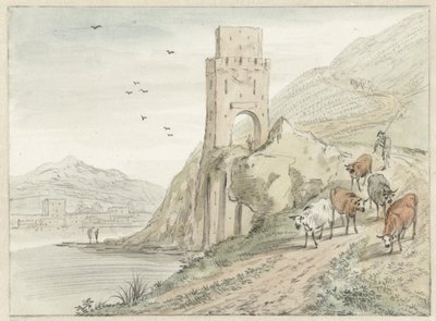 Italská říční krajina s horami a věží brány od Hendrik van der Straaten