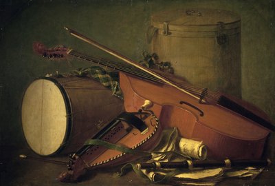 Hudební nástroje, buben, housle, flétna a hurdiska, Henri Horace Roland de la Porte (1724-1793). Francie od Henri Horace Roland Delaporte