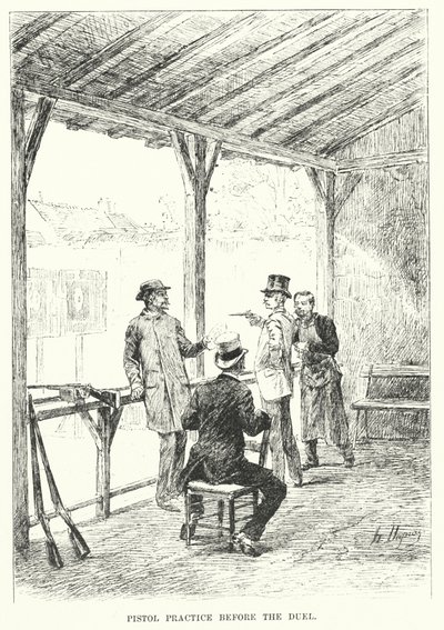 Cvičení s pistolí před soubojem (rytina) od Henri-Louis Dupray