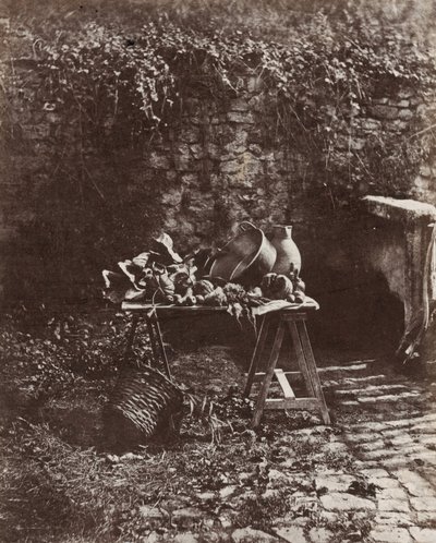 Zátiší: hrnec, džbán a zelenina na stole na pilovém koni, asi 1852 (foto) od Henri Victor Regnault