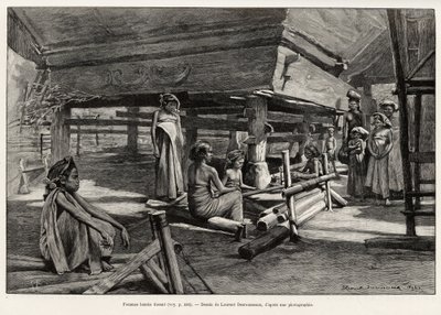 Batakové ženy, etnická skupina Severní Sumatra, tkaní. Rytina Laurenta Desrousseauxe k ilustraci příběhu „“ jeden rok v Malajsii“, od Julese Clainea (1856-1939), v letech 1889-1890, v Le tour du Monde 1892, režie Edouard Charton (1807-1891), Hachette, Pa od Henri Alphonse Louis Laurent-Desrousseaux