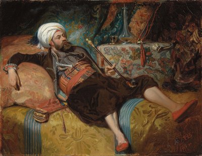 Ležící Turek kouřící vodní dýmku, 1844 od Henri Baron