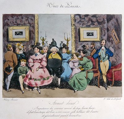 Vtipné vyobrazení chování a konverzace hostů před večeří, vyryté Francoisem Seraphinem Delpechem (1778-1825) (barva litho) od Henri Bonaventure (after) Monnier