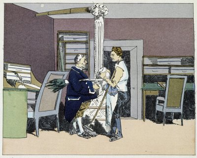 Osm hodin: zametání kanceláří a politická diskuse mezi kluky z kanceláře – v „“Administrativní morálce“ od Henriho Monniera od Henri Bonaventure Monnier