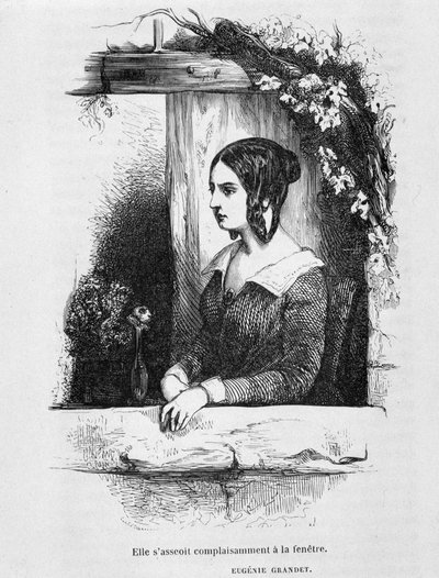 Eugénie Grandet u jejího okna - v „“Eugénie Grandet““ od Balzaca, ill. Henri Monnier, původní vydání z roku 1843 od Henri Bonaventure Monnier
