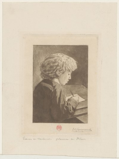 píšící chlapec od Henri Charles Guérard (signed by artist)