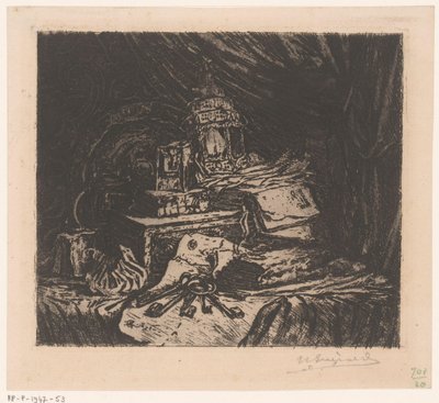 Zátiší s klíči a lucernou od Henri Charles Guérard (signed by artist)