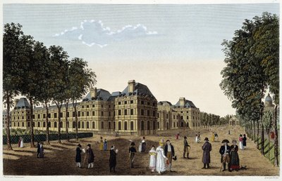 Zahrada a Palais du Luxembourg při pohledu z terasy malého Lucemburska. Gravírování Courvoisier od Henri Courvoisier-Voisin