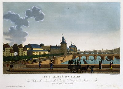 Pohled na květinový trh, výměnný most a nový most - v „“Vues de Paris““ od Courvoisier od Henri Courvoisier-Voisin