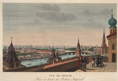 Vue de Moscou depuis le balcon du palais imperial, Russie"" (Pohled na Moskvu z balkonu císařského paláce) Hlubotisk Henri Courvoisier-Voisin (1757-1830) - 1812 Rozměr 40,7x55,6 cm Soukromá sbírka od Henri Courvoisier-Voisin