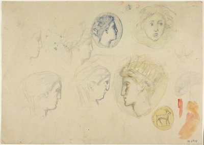 Náčrty: Profilové hlavy, mince nebo medaile (recto); stromy (na druhou stranu) od Henri Cros