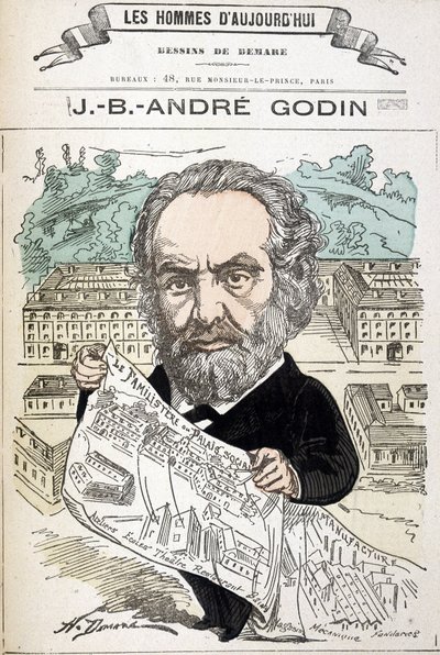 Jean Baptiste André Godin (1817-1888), průmyslník zakladatel rodiny. Kresba Demare v „Muži dneška““. od Henri Demare