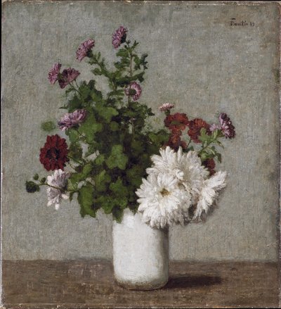 Květinové zátiší: podzimní chryzantémy v bílé váze od Henri Fantin-Latour