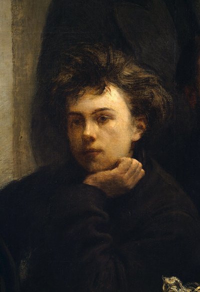 Rohový stůl, detail. Portrét Arthura Rimbauda (1854 - 1891), francouzského básníka. Obraz Henri Fantin Latour (Fantin-Latour od Ignace Henri Jean Fantin Latour