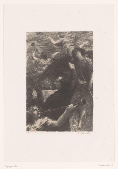 Berlioz diriguje mezi čtyřmi anděly troubícími na trubky Tuba mirum spargens sonum Život a dílo Hectora Berlioze (název série) od Ignace Henri Jean Fantin Latour