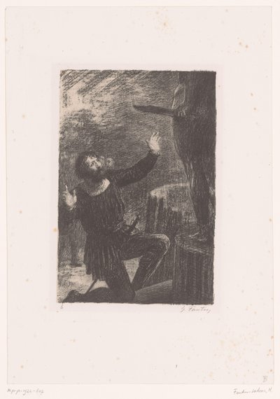 Cellini klečí před jeho bronzovou sochou Persea Benvenuto Cellini. Zákon III. La Fonte du Persee Život a dílo Hectora Berlioze (název série) od Ignace Henri Jean Fantin Latour