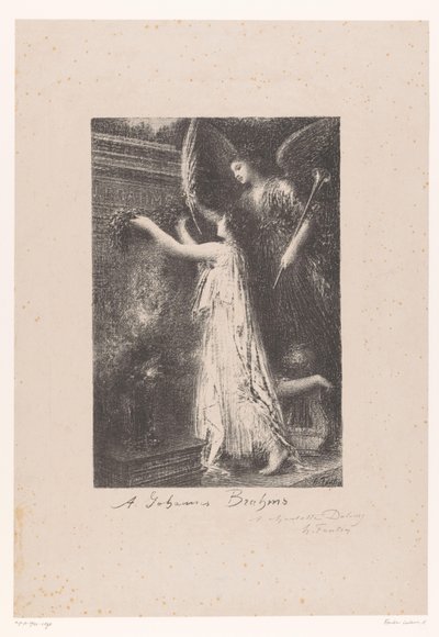 Anděl a zosobnění slávy přináší čestný věnec u hrobu Johannese Brahmse Á Johannes Brahms (titul na předmětu) od Ignace Henri Jean Fantin-Latour