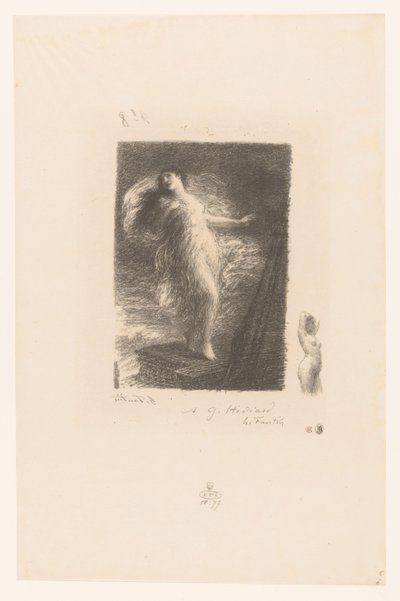 Jonge vrouw uit Taranto valt van de boeg van een schip Mladá Tarentina Elegie XX (ve starém stylu) Gedichten van André Chénier (název série) Ilustrace k Básním André Chéniera (název série) od Ignace Henri Jean Fantin Latour