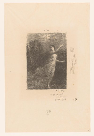 Nimf vlucht weg voor sater V noci toulavá nymfa Bukolici. Idyly a fragmenty idyl. XXIV Gedichten van André Chénier (název série) Ilustrace k Básním André Chéniera (název série) od Ignace Henri Jean Fantin Latour