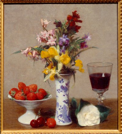 Zátiší zvané zásnuby Sklenka červeného vína, kytice melanže, třešní a jahod. Obraz Henri Fantin Latour (Fantin-Latour) (1836-1904) 1869 Sun. 0,32x0,29 m Grenoble, musee des Beaux Arts od Ignace Henri Jean Fantin Latour