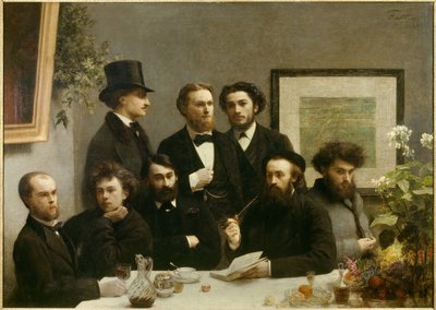 Roh stolu Znázornění setkání mezi Paulem Verlainem, Arthurem Rimbaudem, Elzearem Bonnierem, Leonem Valadeem, Emilem Blemontem, Jeanem Aicartem, Ernestem d