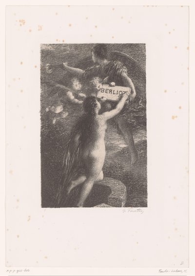 Titulní tisk pro: Hector Berlioz, sa vie et ses oeuvres Berlioz (název na objektu) Verite Život a dílo Hectora Berlioze (název série) od Ignace Henri Jean Fantin Latour